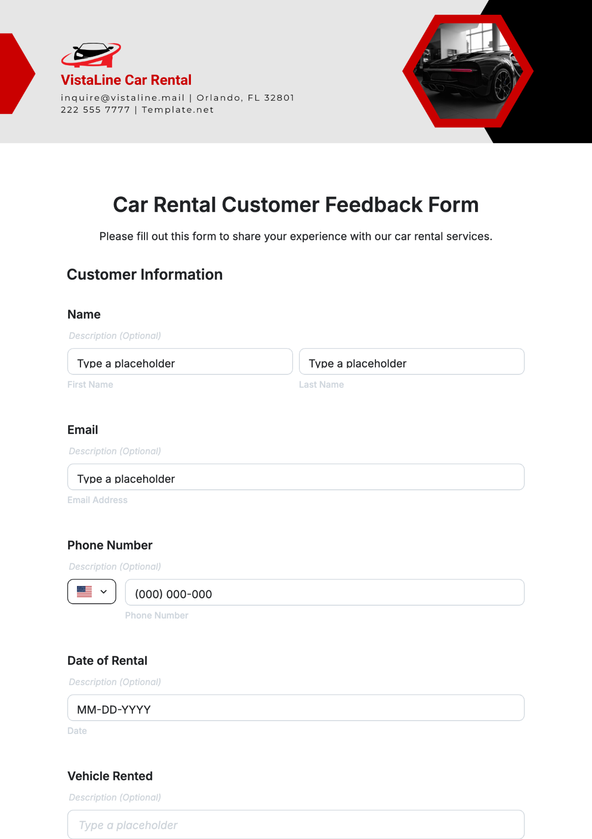 Car Rental Customer Feedback Form Template - Edit Online & Download