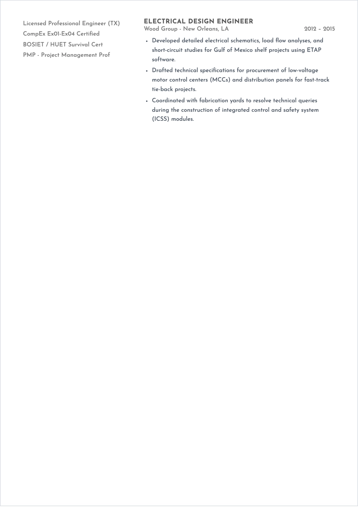 Free Electrical Engineer ATS Resume for Oil and Gas Industry Template