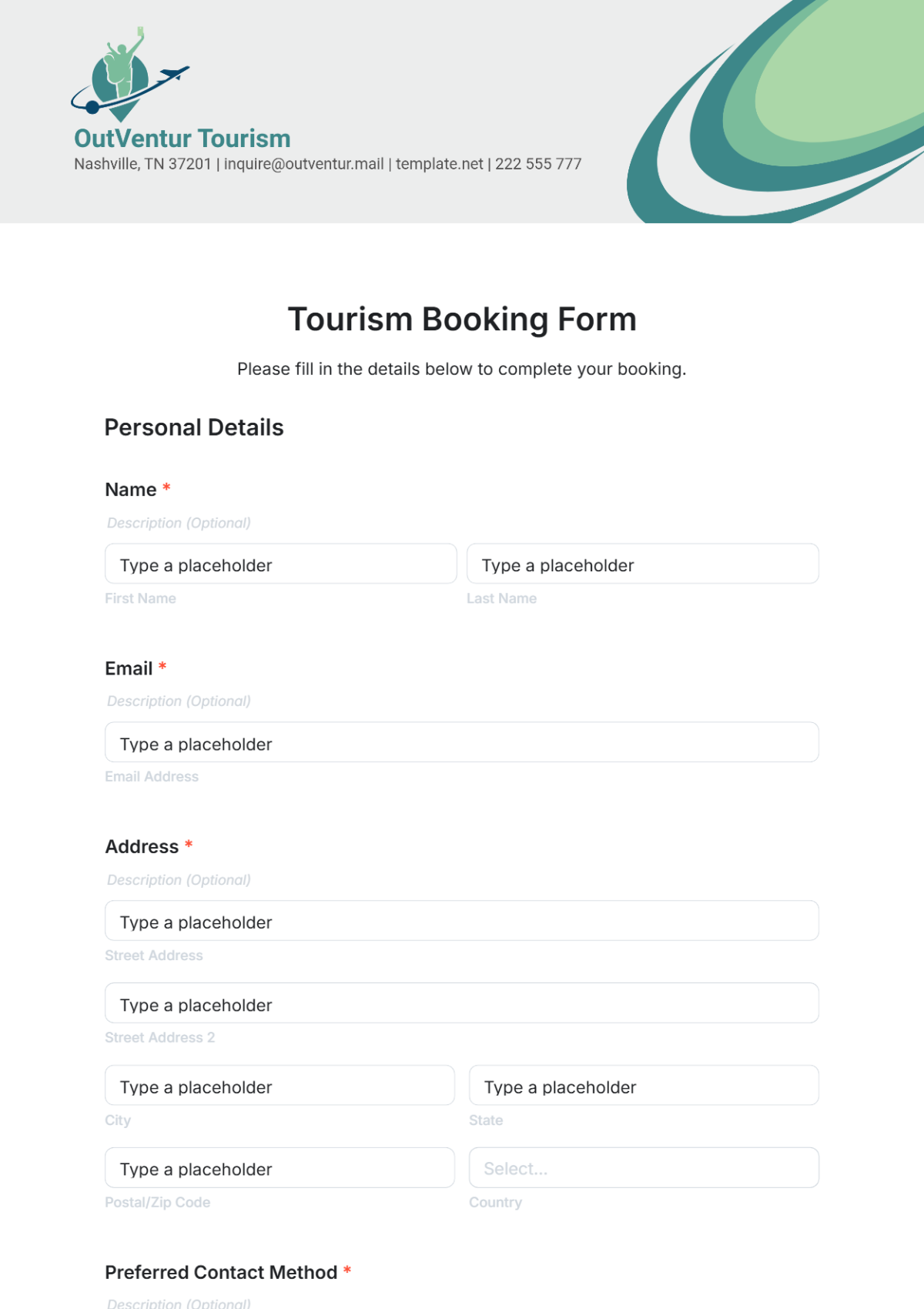 Tourism Booking Form Template - Edit Online & Download