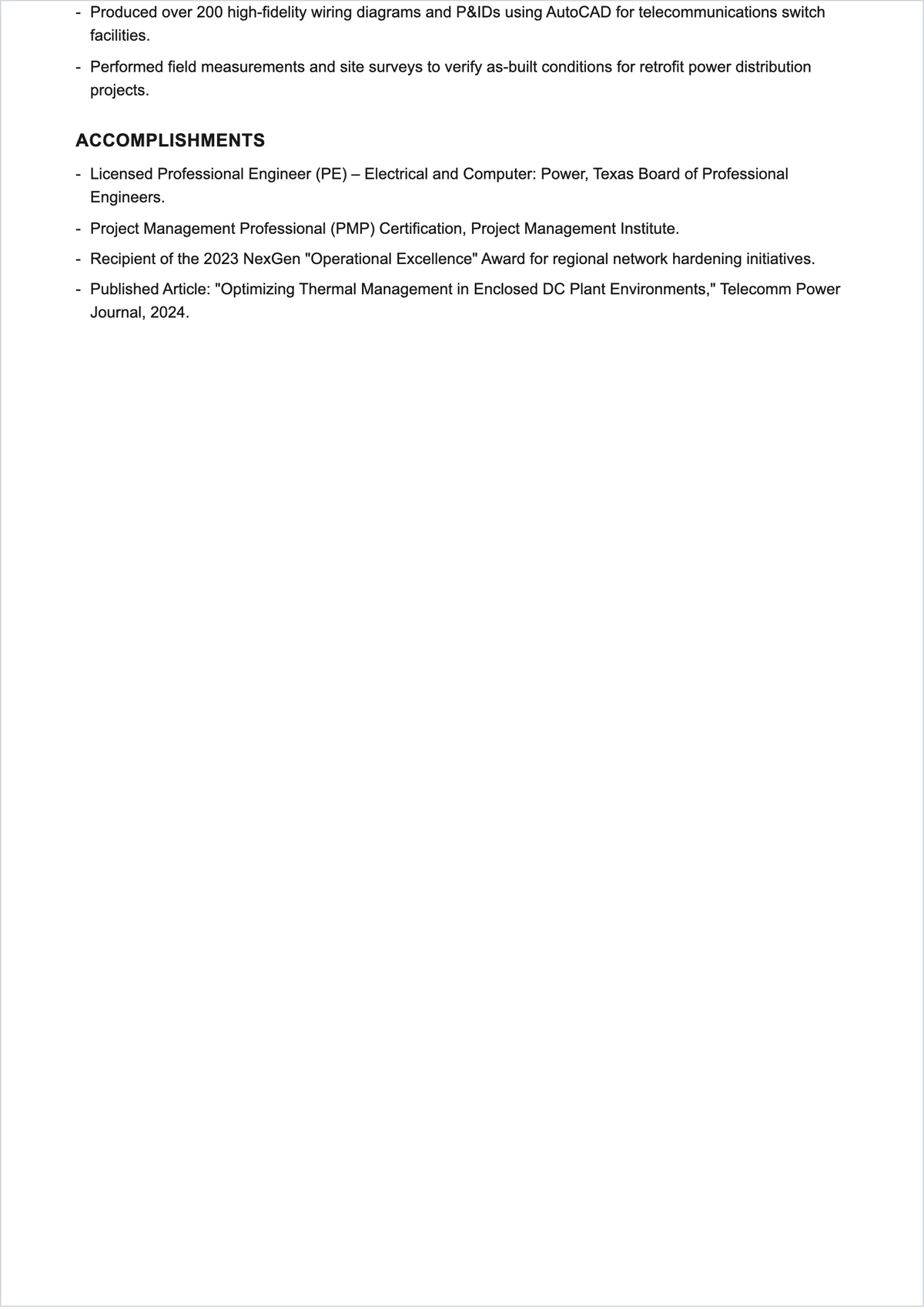 Free Telecom Sector Electrical Engineer ATS Resume Template