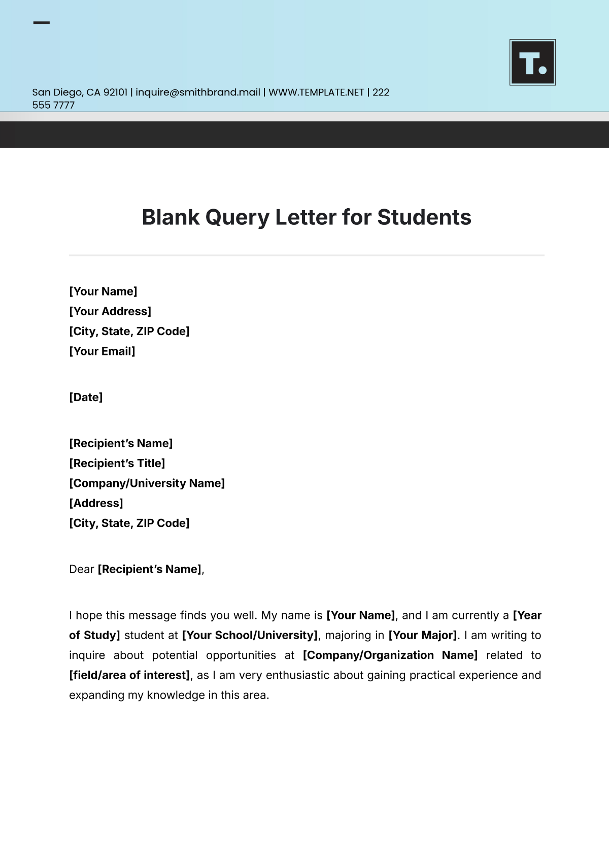 Blank Query Letter for Students Template