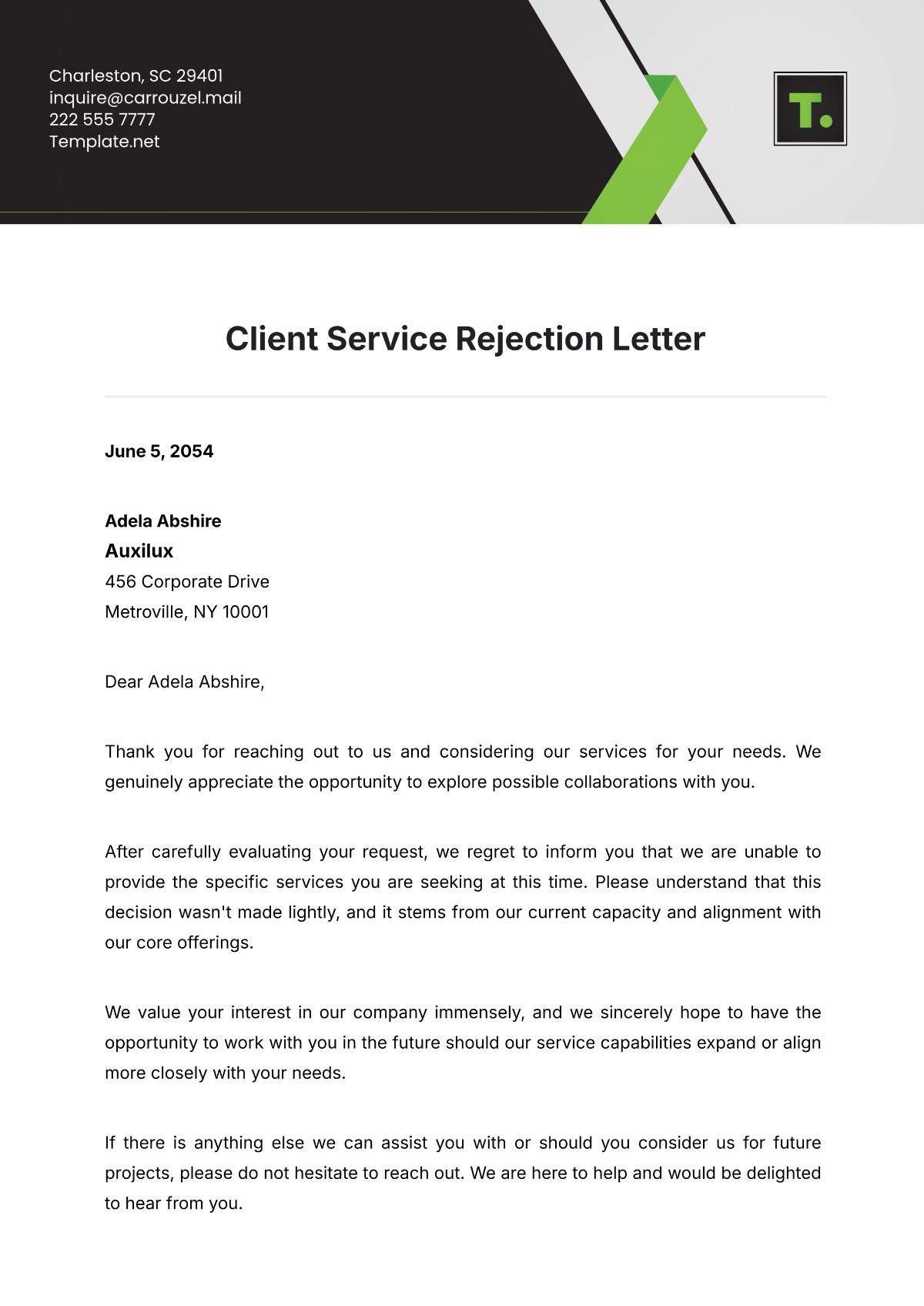 Client Service Rejection Letter Template - Edit Online & Download