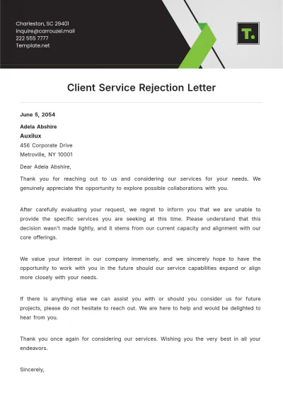 Free Client Service Rejection Letter Template to Edit Online