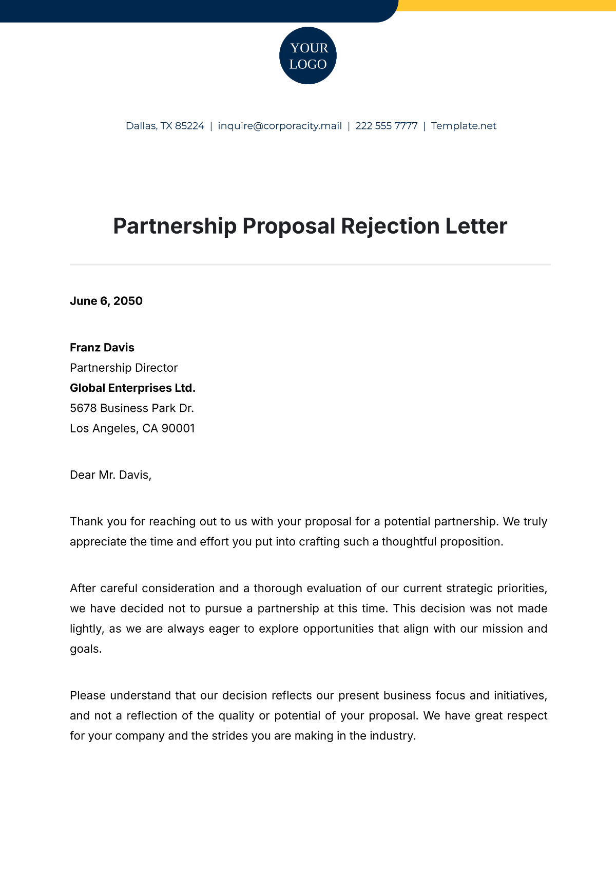 Partnership Proposal Rejection Letter Template - Edit Online & Download