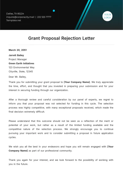 Free Grant Proposal Rejection Letter Template to Edit Online