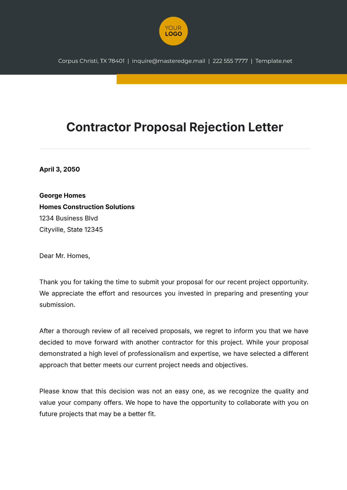 Contractor Proposal Rejection Letter Template - Edit Online & Download