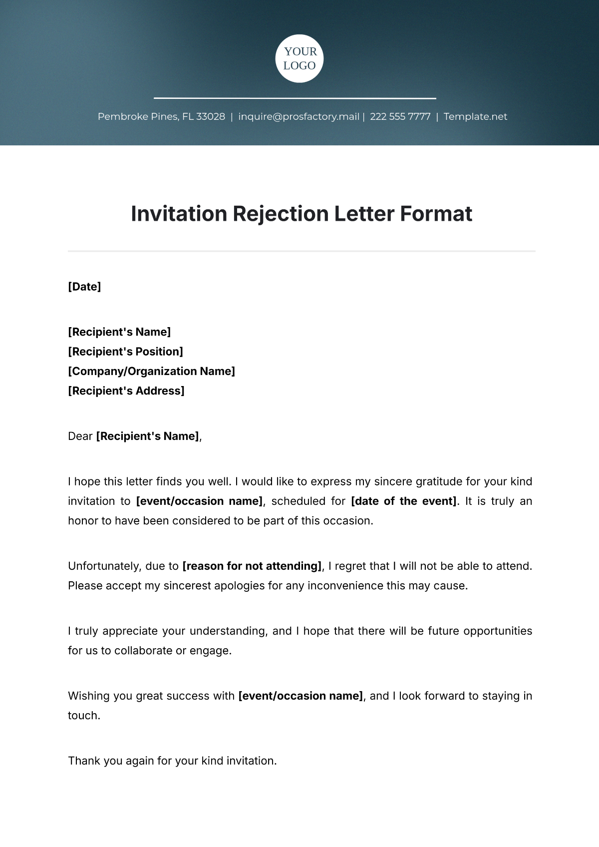 Invitation Rejection Letter Format Template - Edit Online & Download