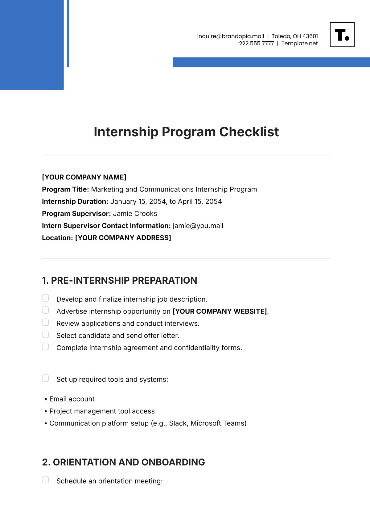 Internship Program Checklist Template - Edit Online & Download