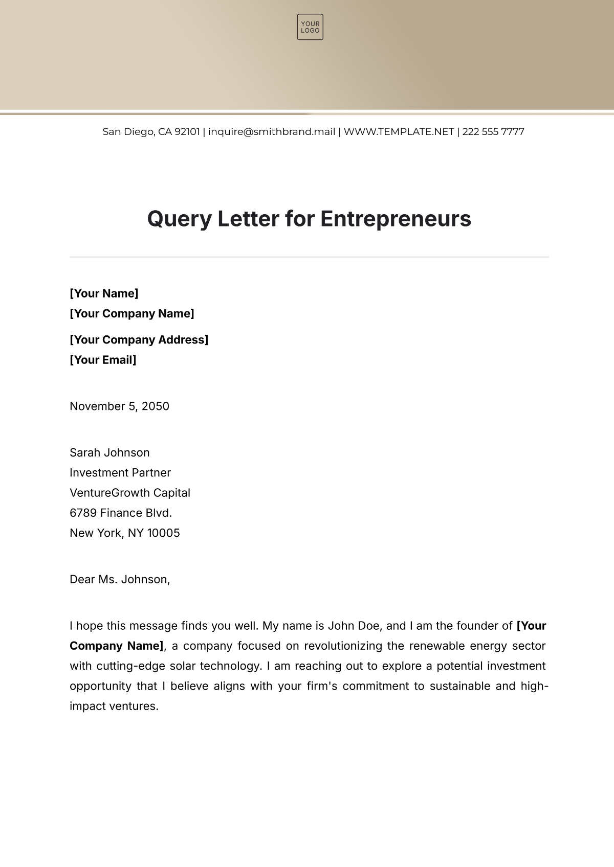 Query Letter for Entrepreneurs Template