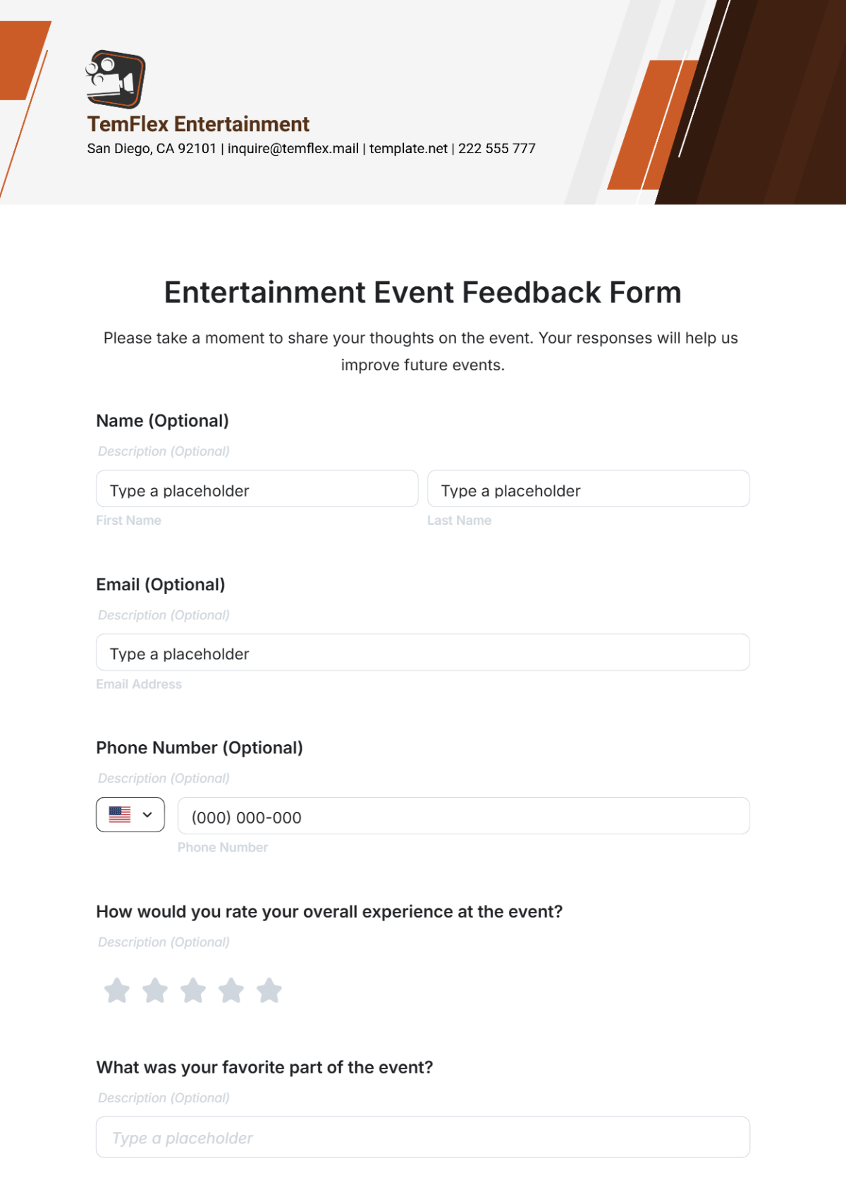 Entertainment Event Feedback Form Template - Edit Online & Download