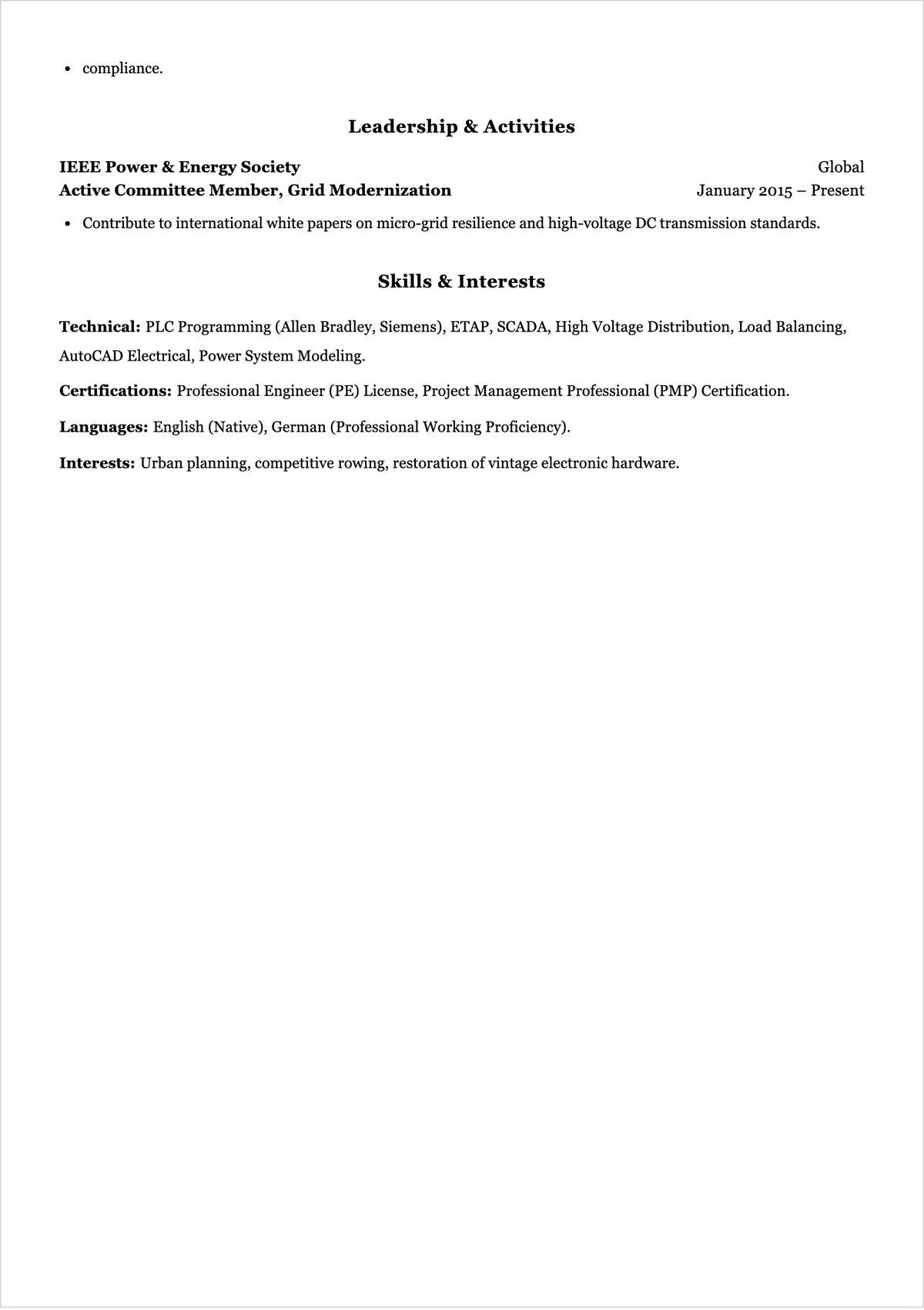 Free Electrical Engineer ATS Resume for International Jobs Template