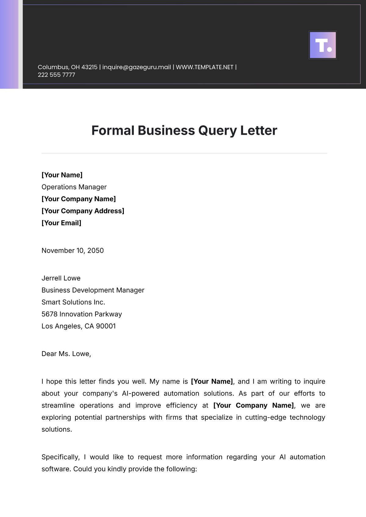 Formal Business Query Letter Template - Edit Online & Download