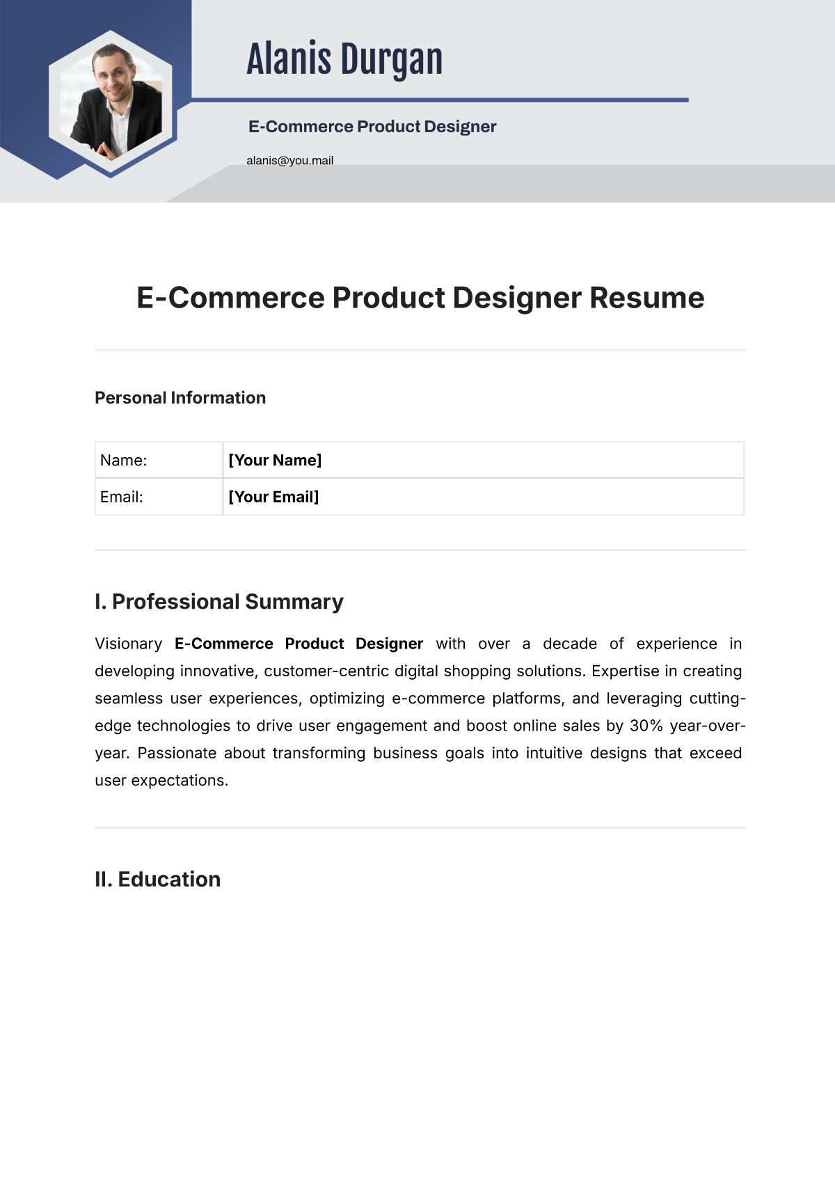 E-Commerce Product Designer Resume Template - Edit Online & Download