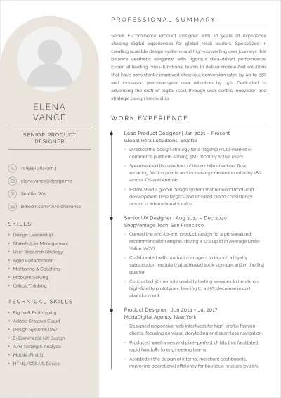 Free E-Commerce Product Designer ATS Resume Template