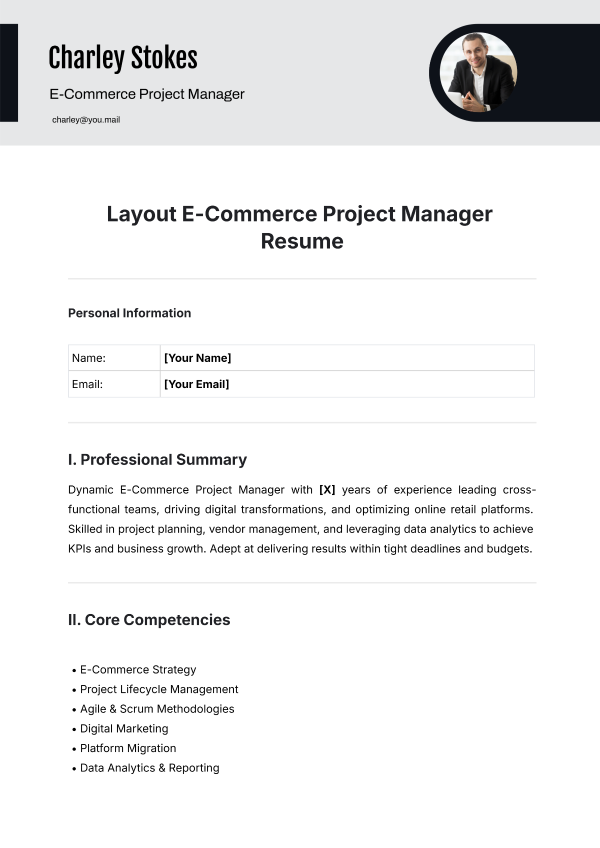 Layout E-Commerce Project Manager Resume Template - Edit Online & Download