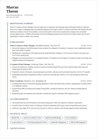 Free Layout E-Commerce Project Manager ATS Resume Template