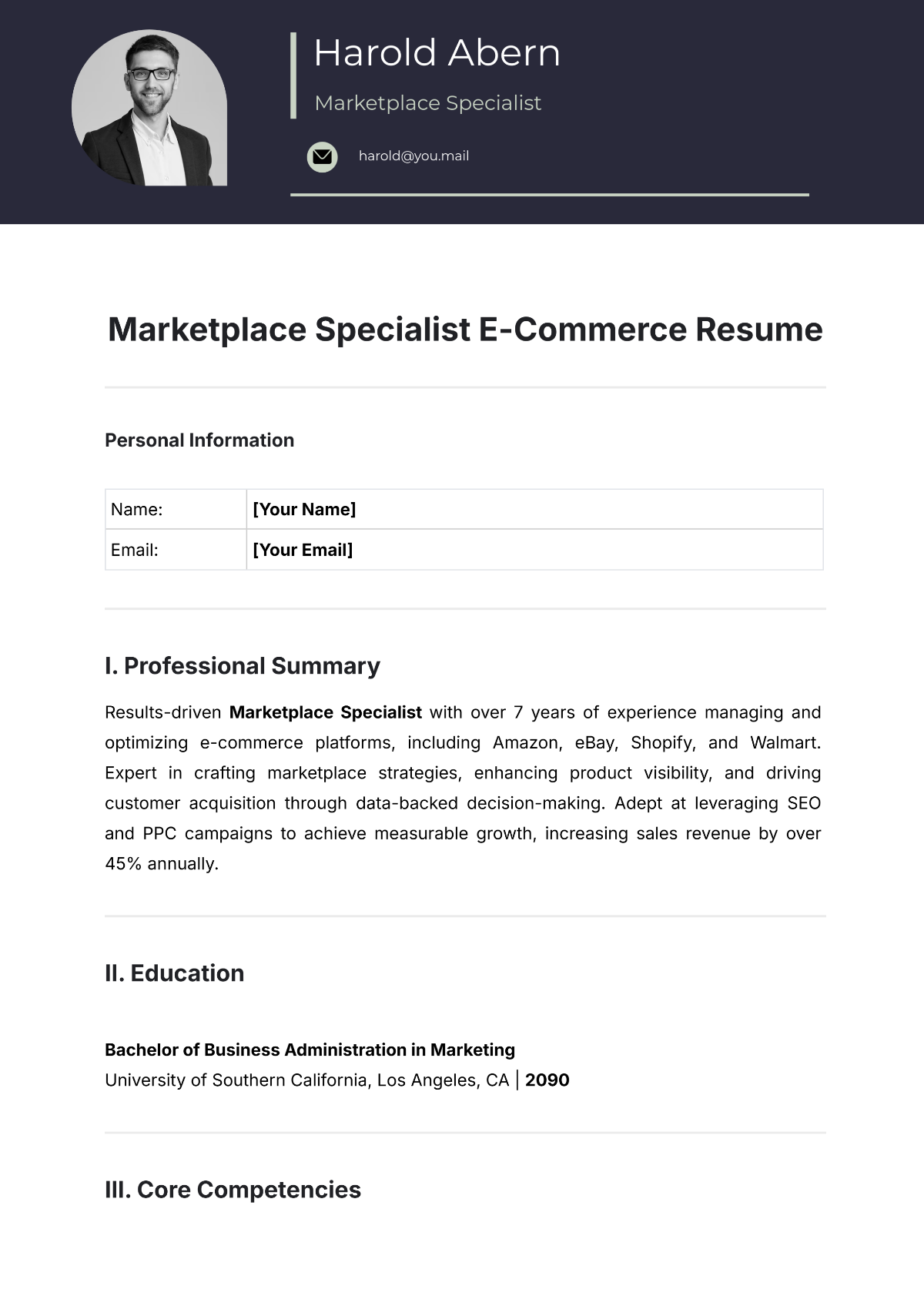 Marketplace Specialist E-Commerce Resume Template - Edit Online & Download