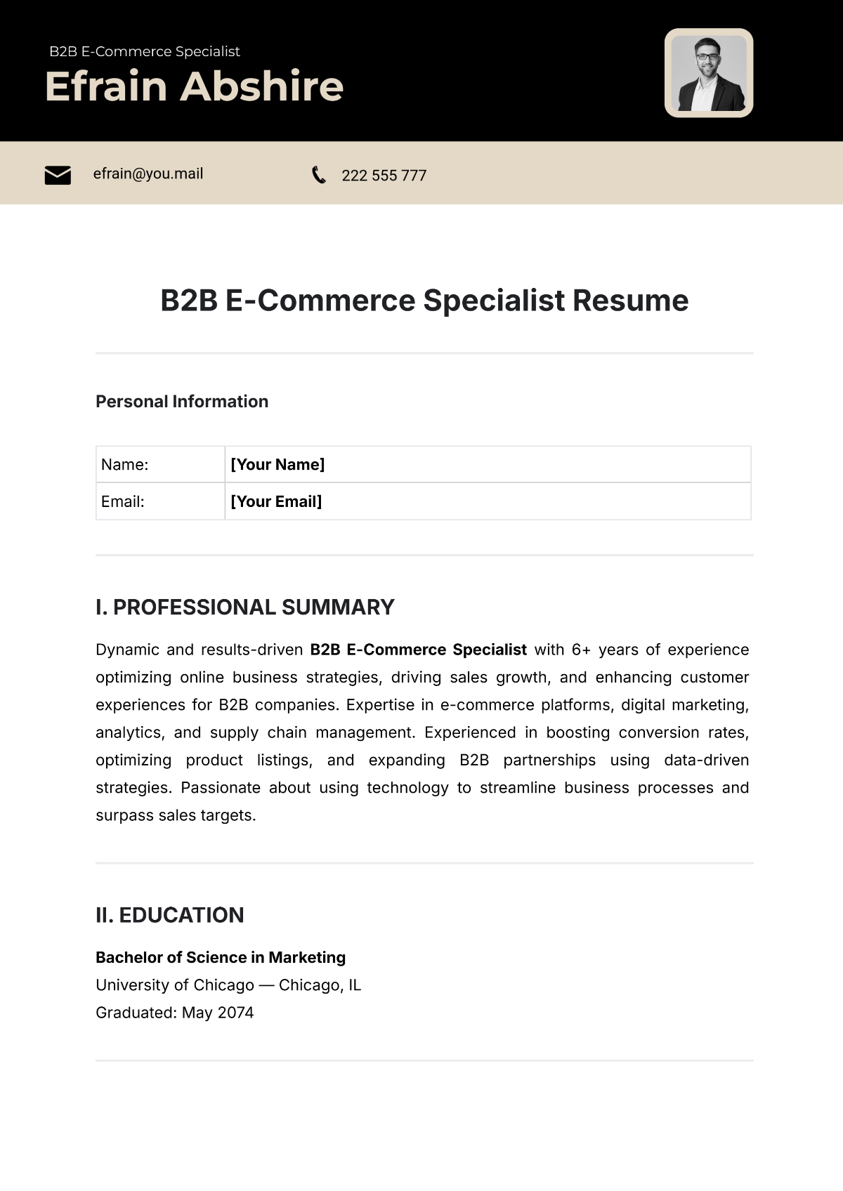 B2B E-Commerce Specialist Resume Template - Edit Online & Download