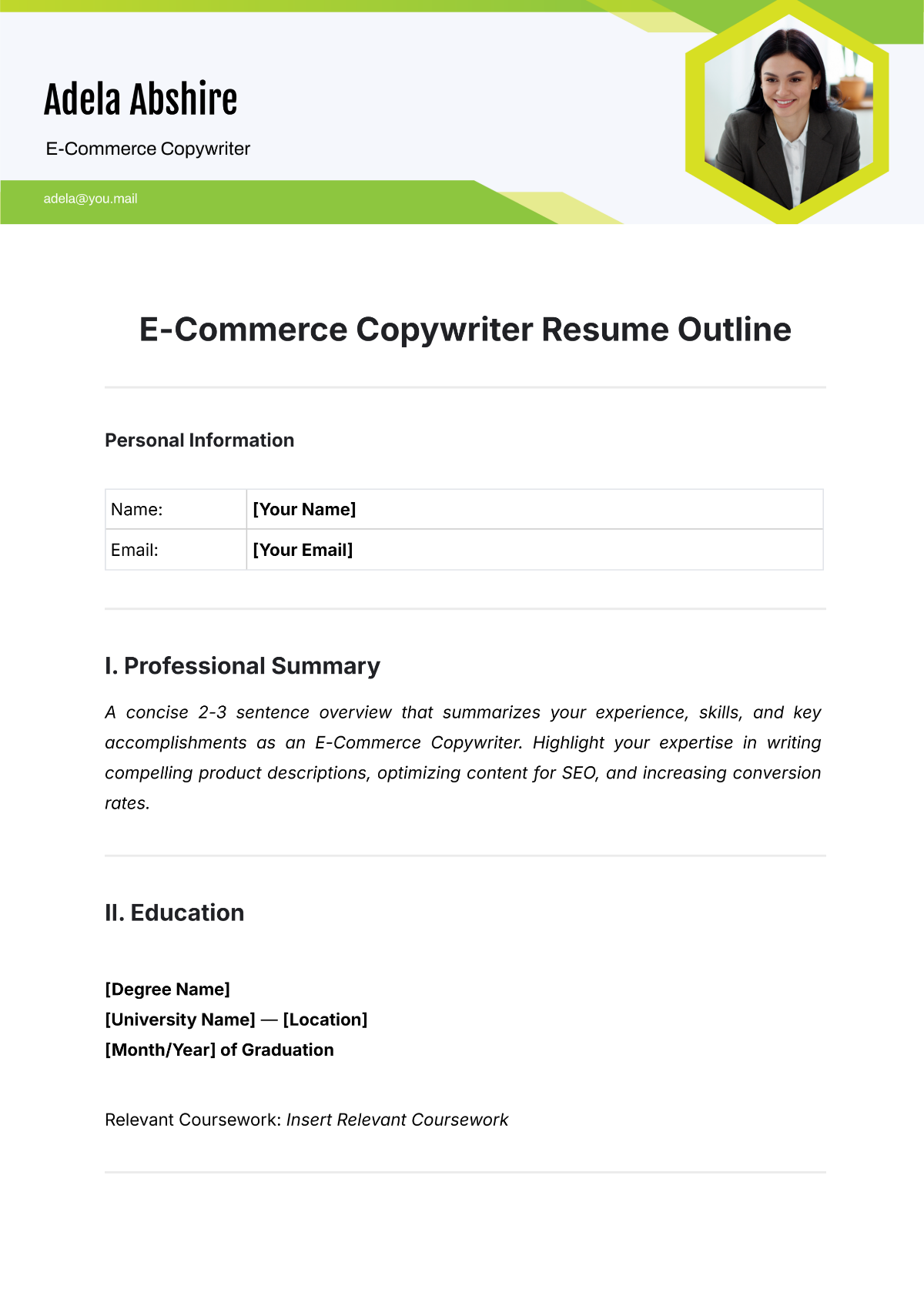 E-Commerce Copywriter Resume Outline Template - Edit Online & Download