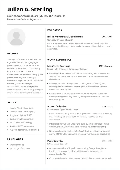 Free Multi-Channel E-Commerce Manager ATS Resume Template