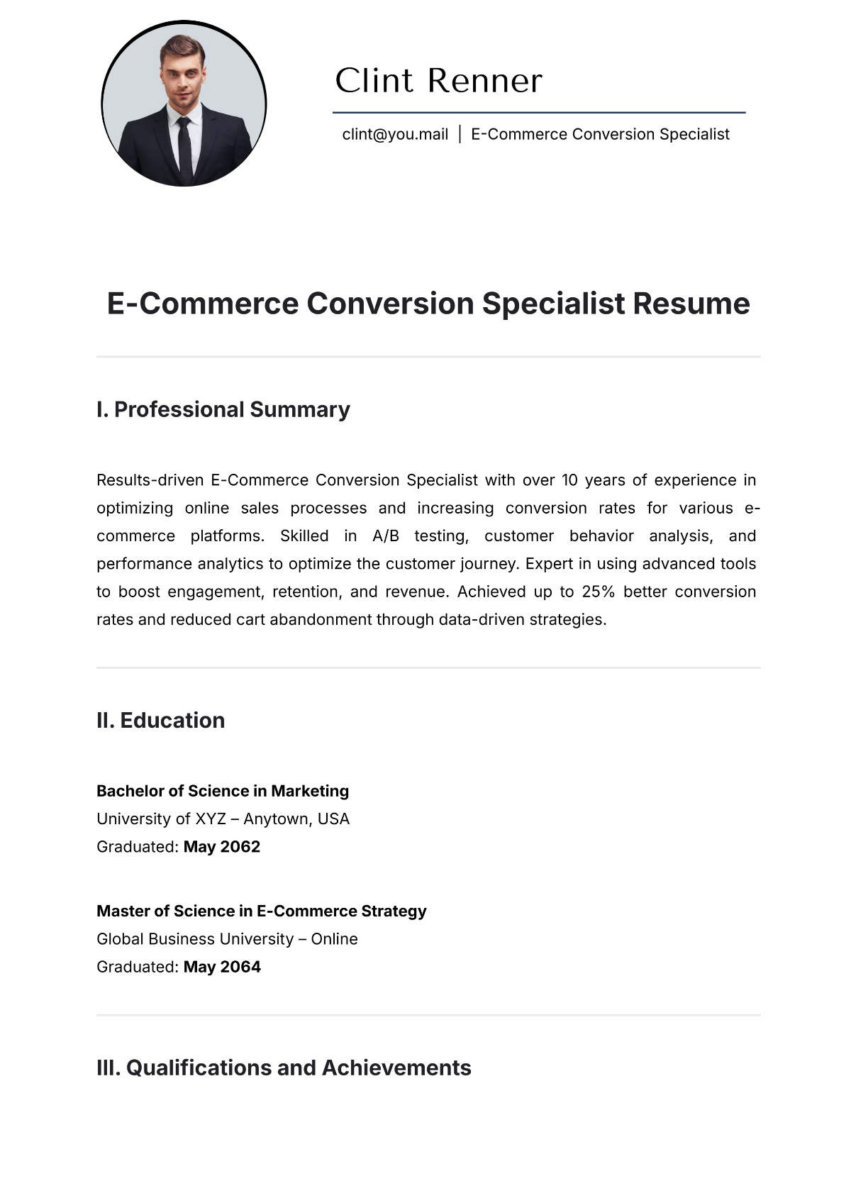 E-Commerce Conversion Specialist Resume Template - Edit Online & Download