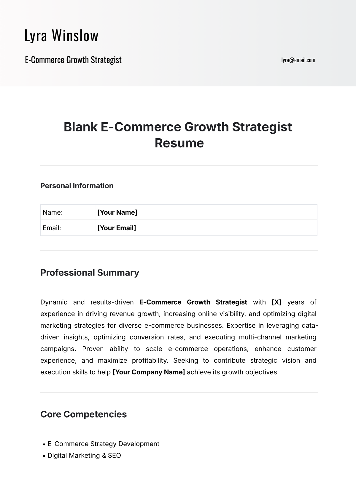 Blank E-Commerce Growth Strategist Resume Template - Edit Online & Download