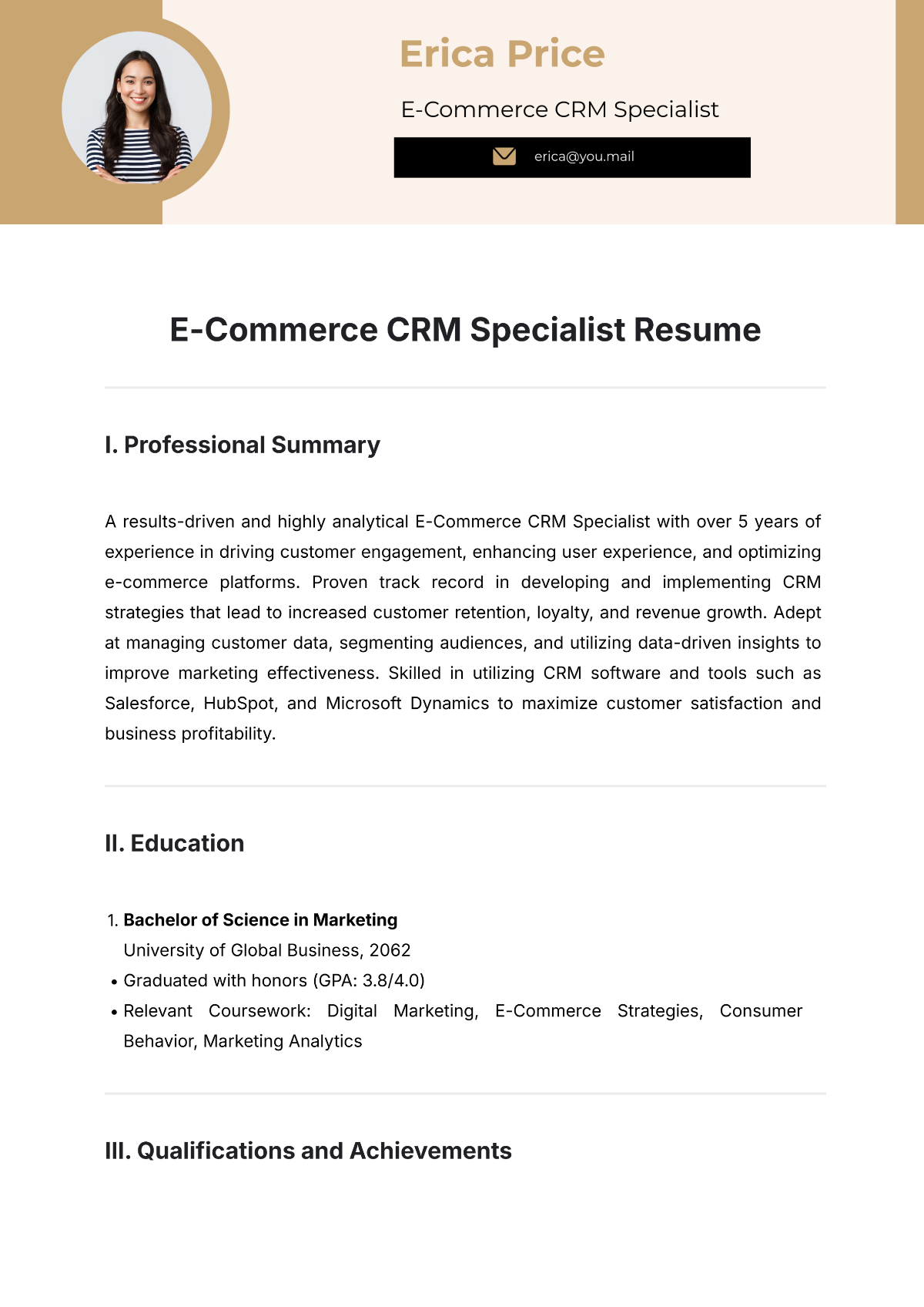 E-Commerce CRM Specialist Resume Template - Edit Online & Download