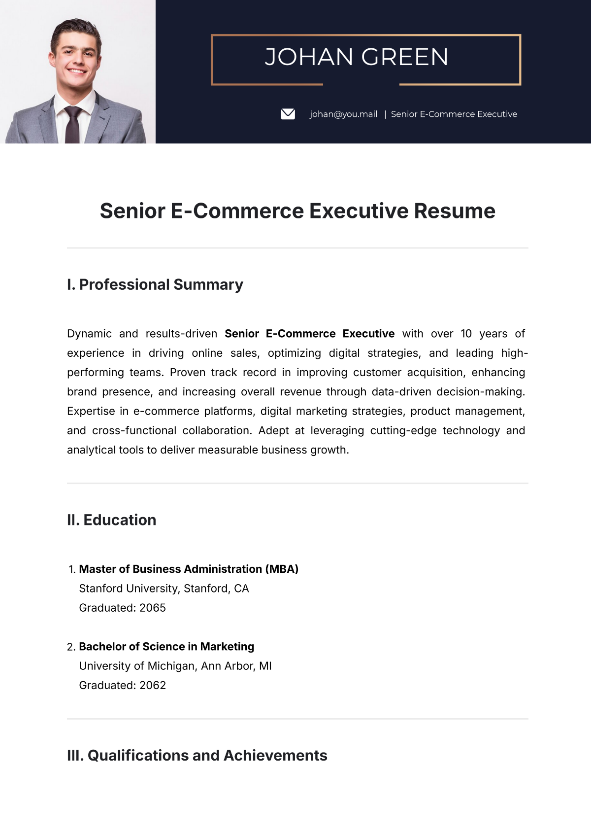 Senior E-Commerce Executive Resume Template - Edit Online & Download