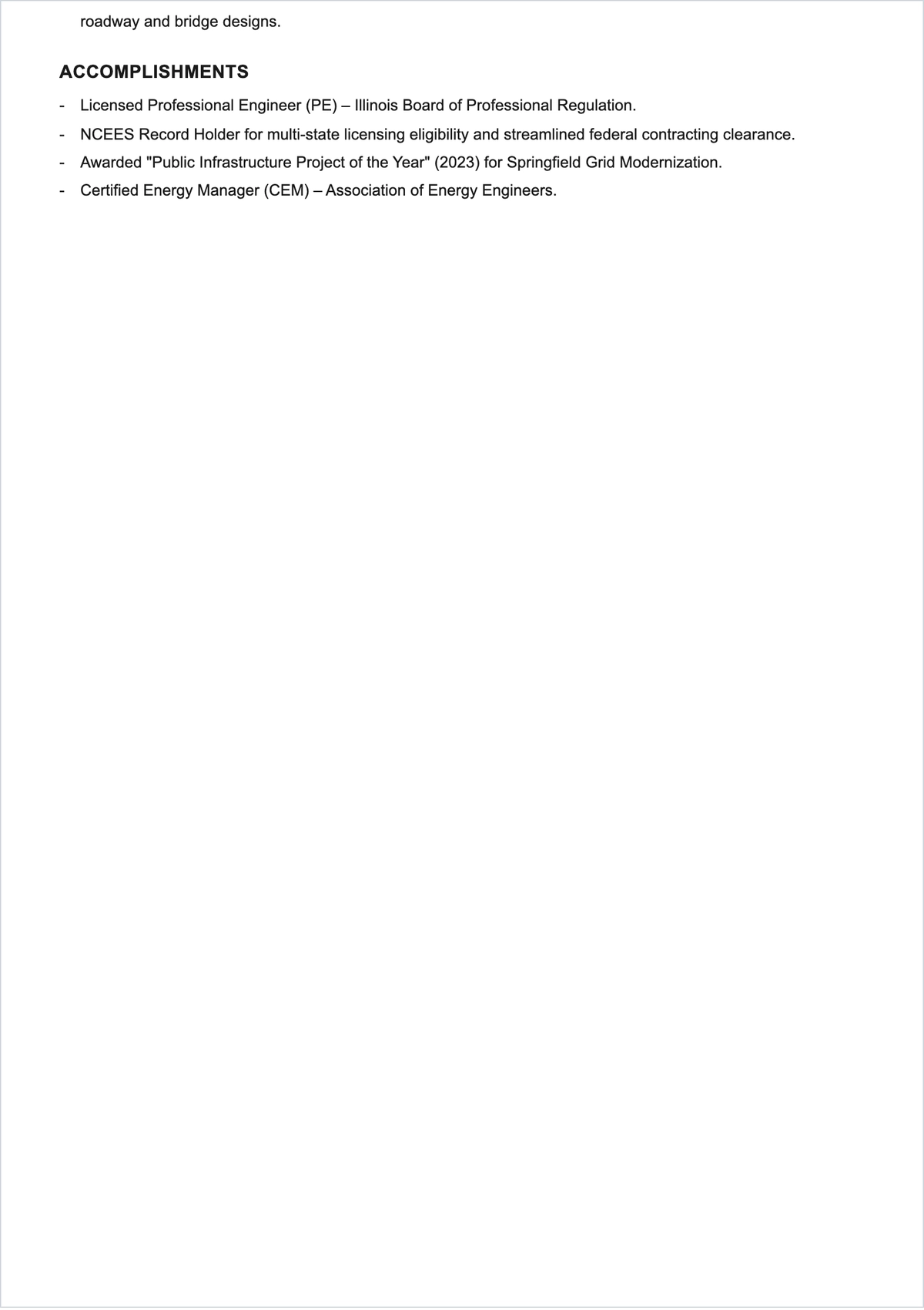 Free Government Job Electrical Engineer ATS Resume Template