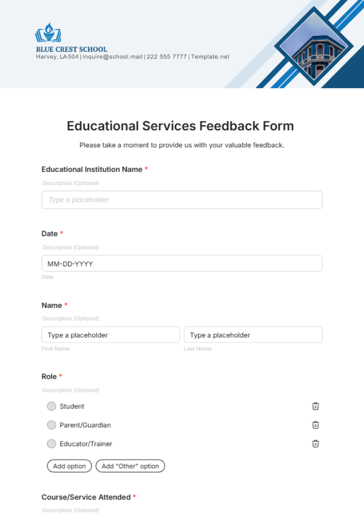 Educational Services Feedback Form Template - Edit Online & Download