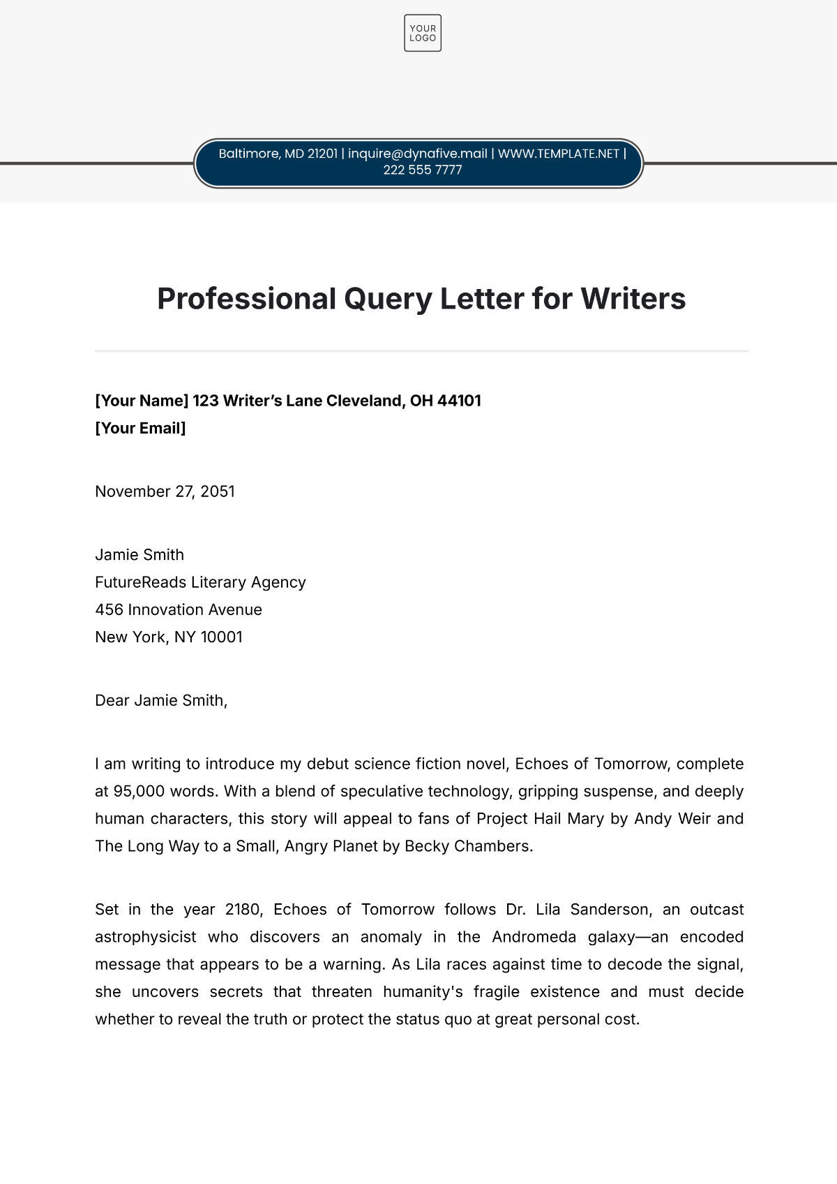 Professional Query Letter for Writers Template