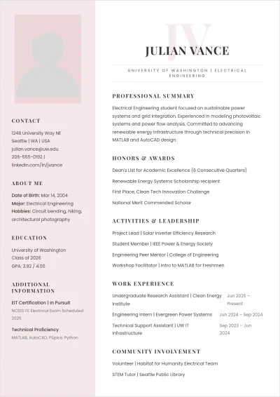Free Electrical Engineer ATS Resume for Internship Template