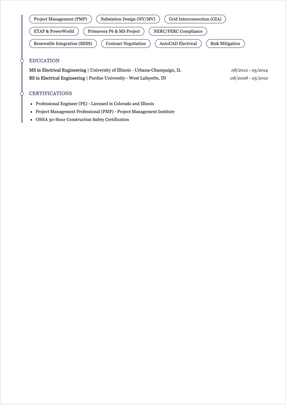 Free Project Manager Electrical Engineer ATS Resume Template