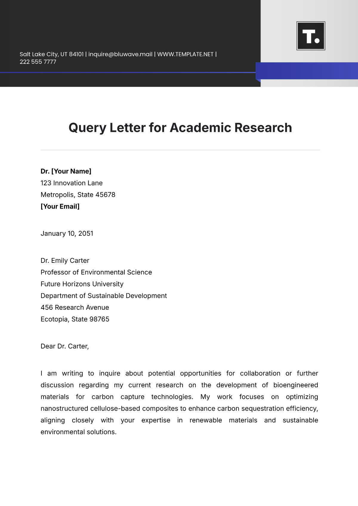 Query Letter for Academic Research Template