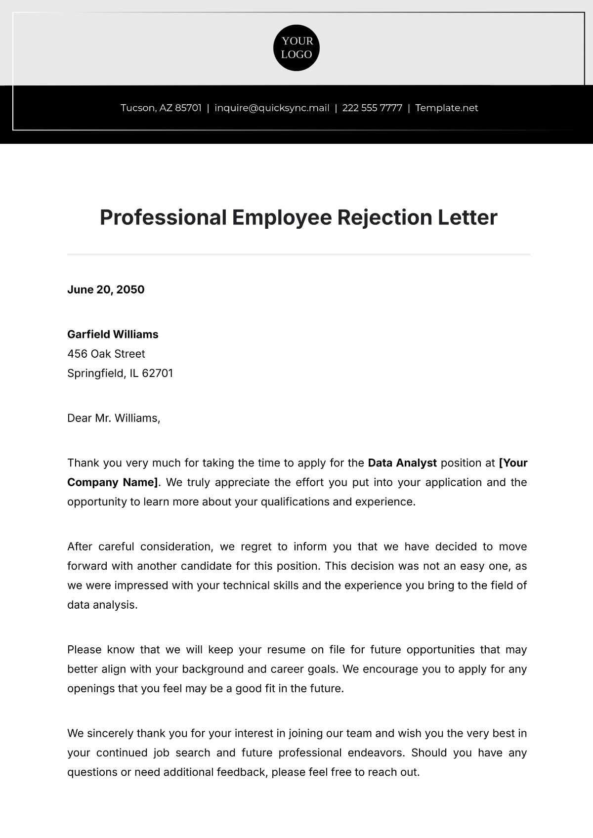 Professional Employee Rejection Letter Template - Edit Online & Download