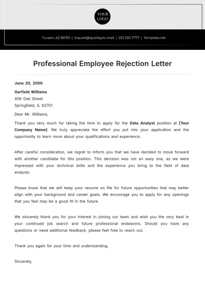 Free Professional Employee Rejection Letter Template to Edit Online