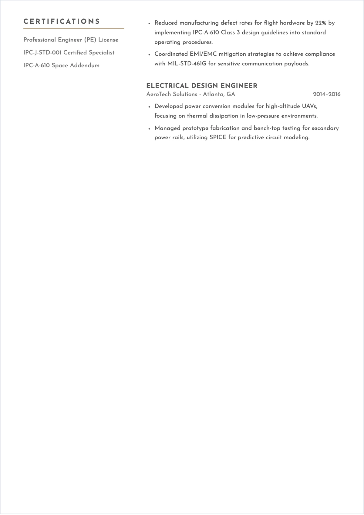 Free Electrical Engineer ATS Resume for Aerospace Industry Template