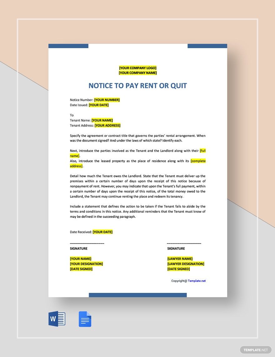 Sample Notice to Pay Rent or Quit Template
