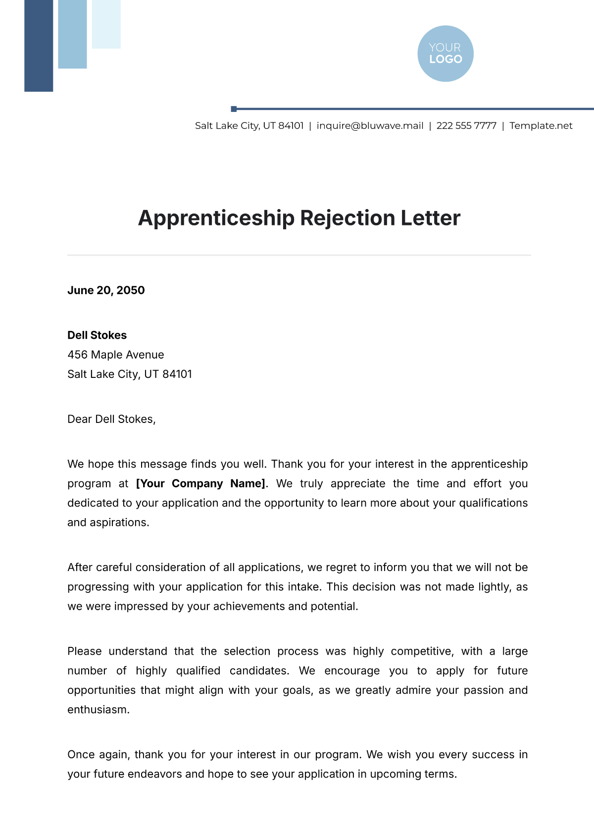 Apprenticeship Rejection Letter Template - Edit Online & Download