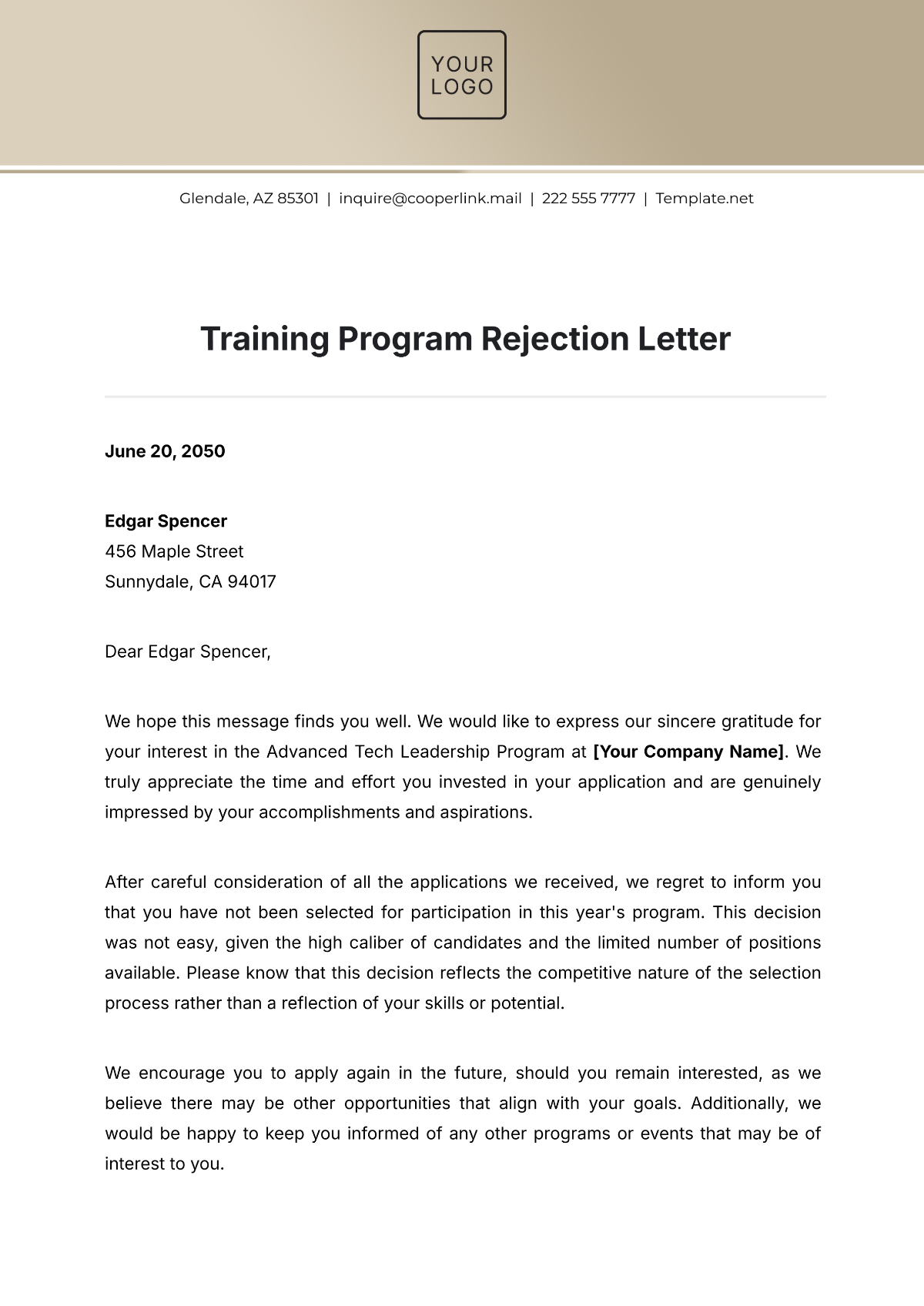 Training Program Rejection Letter Template - Edit Online & Download