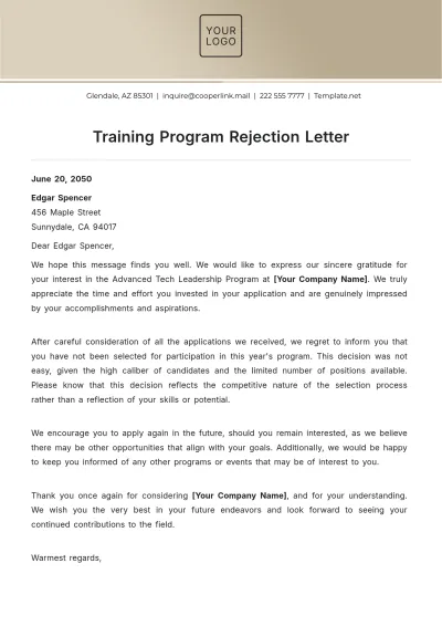 Free Training Program Rejection Letter Template to Edit Online