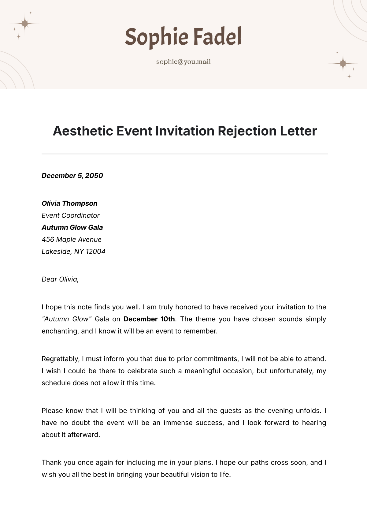 Aesthetic Event Invitation Rejection Letter Template - Edit Online & Download