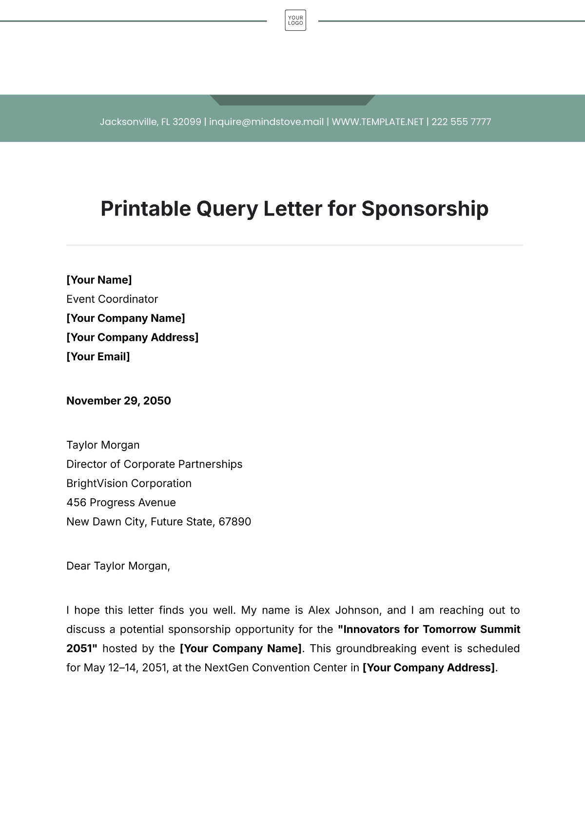 Printable Query Letter for Sponsorship Template - Edit Online & Download