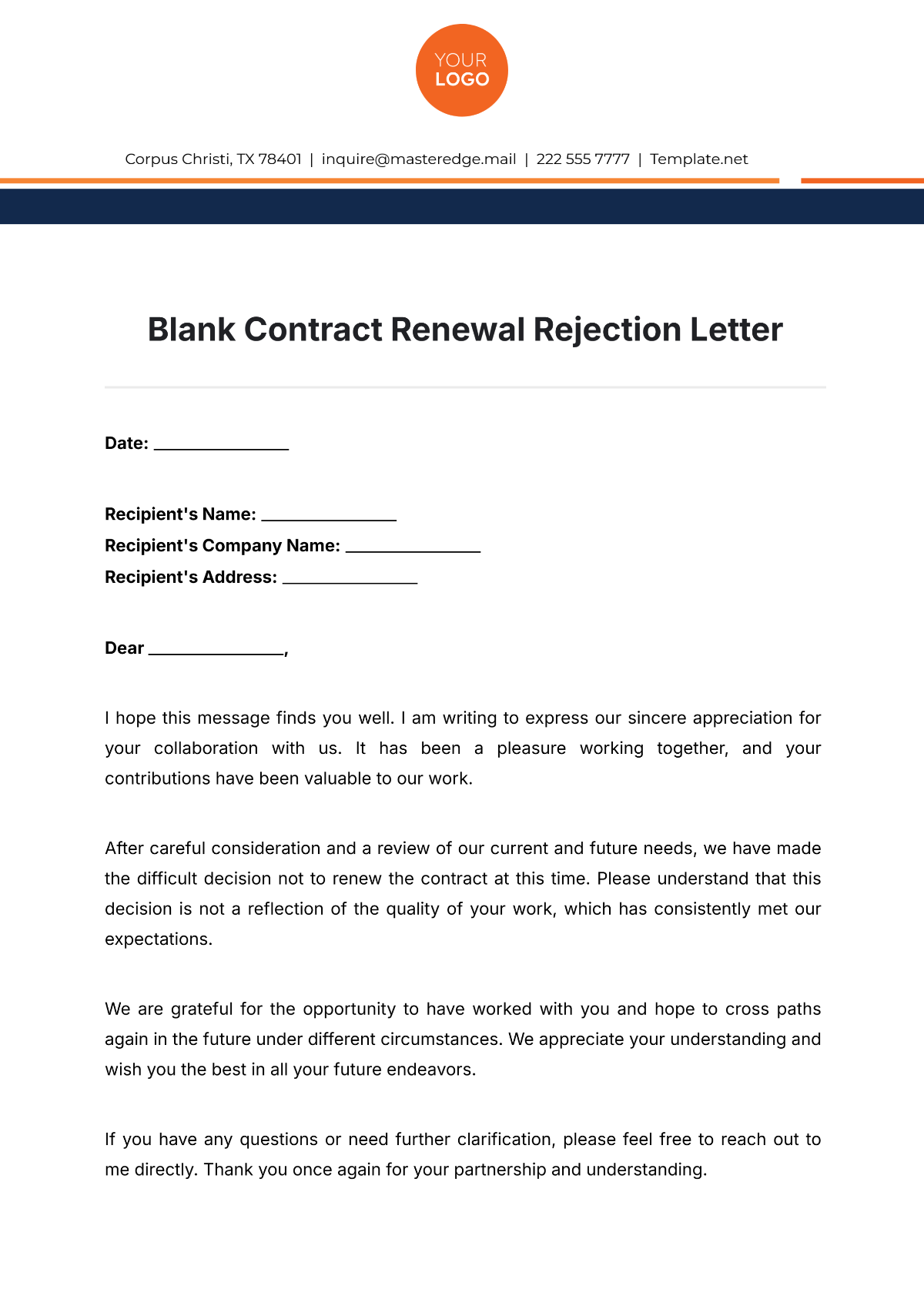 Blank Contract Renewal Rejection Letter Template - Edit Online & Download