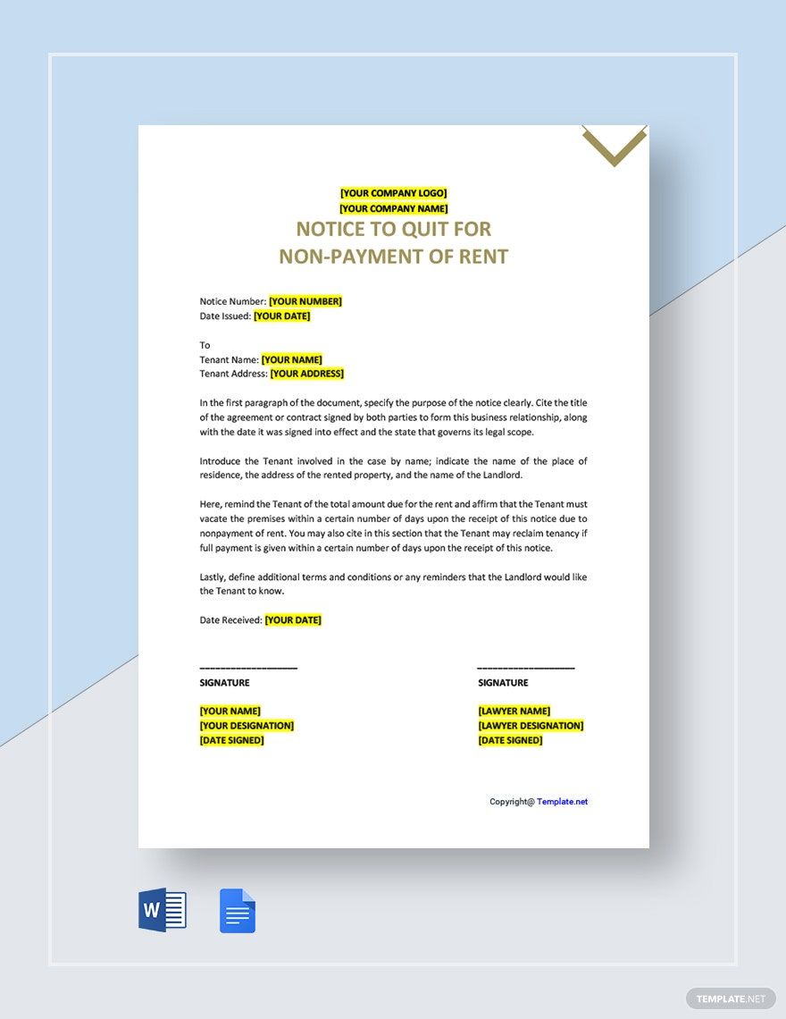 Sample Notice to Quit for Non-Payment of Rent Template