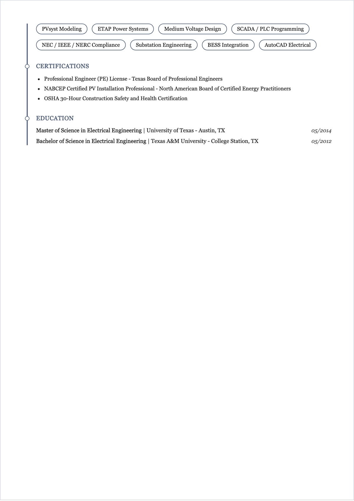 Free Printable Solar Power Plant Electrical Engineer ATS Resume Template