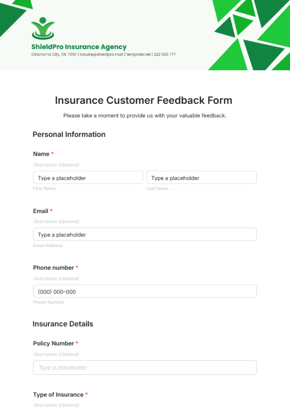 Insurance Customer Feedback Form Template - Edit Online & Download