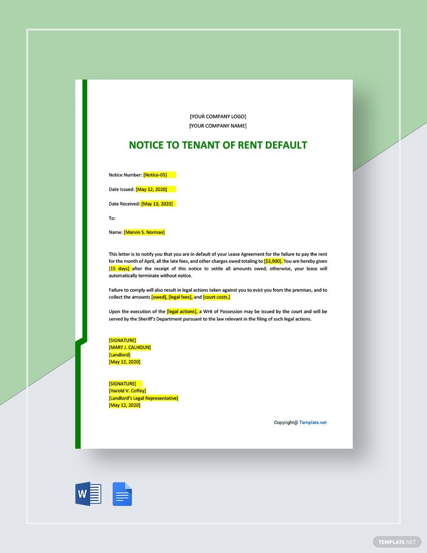 Sample Notice To Tenant of Rent Default Template in Word, Google Docs