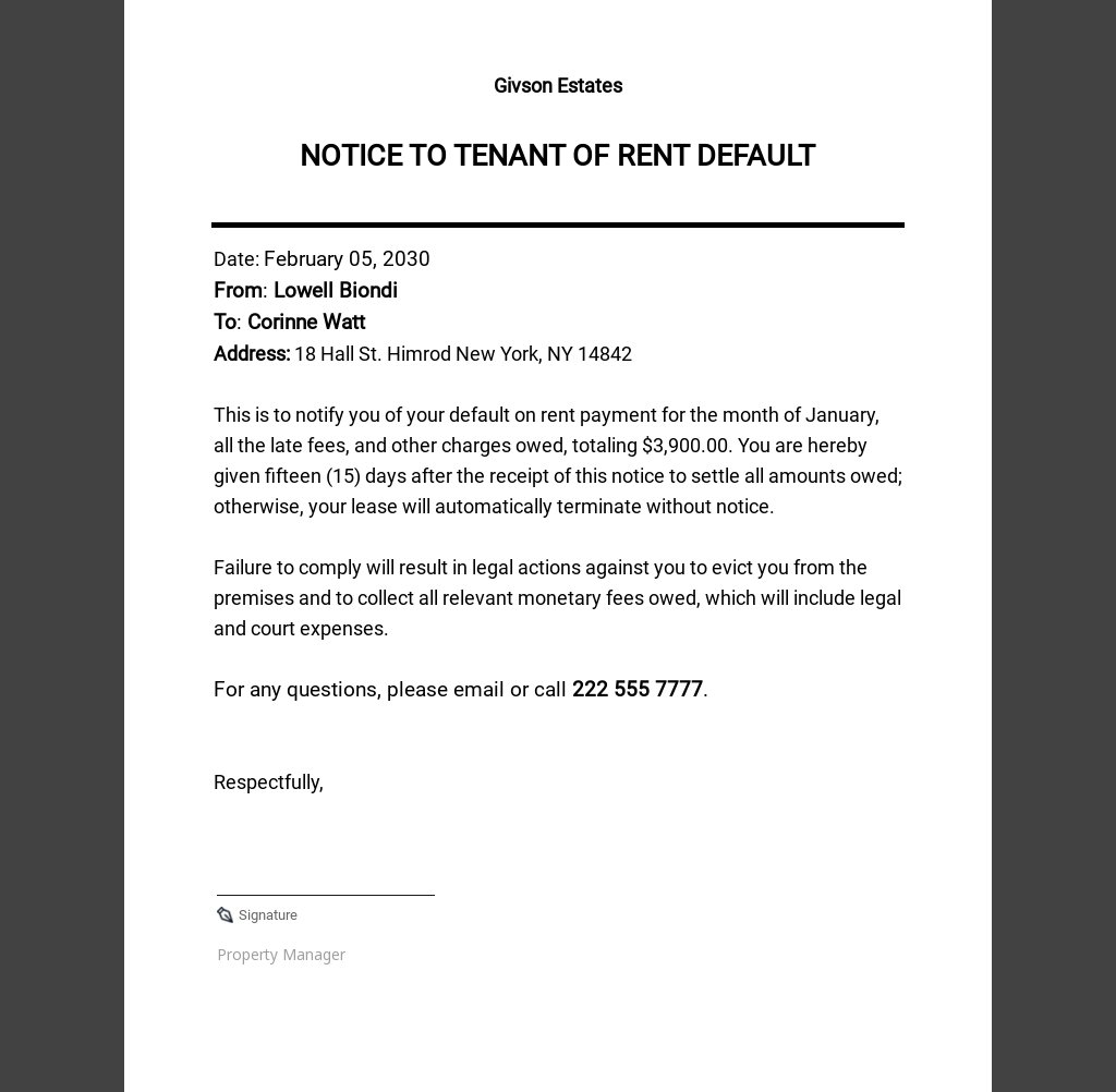 rental default letter to tenant