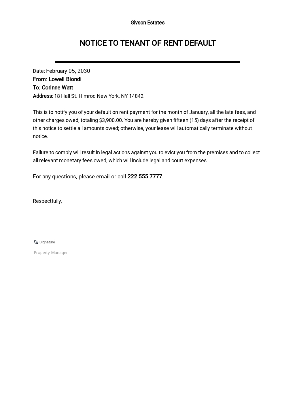 notice of default letter to tenant